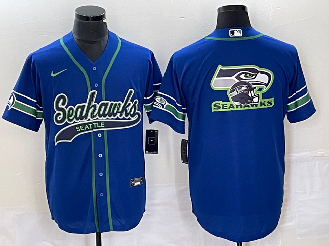 Men's Seattle Seahawks Royal Throwback Team Big Logo Cool Base Stitched Baseball Jersey